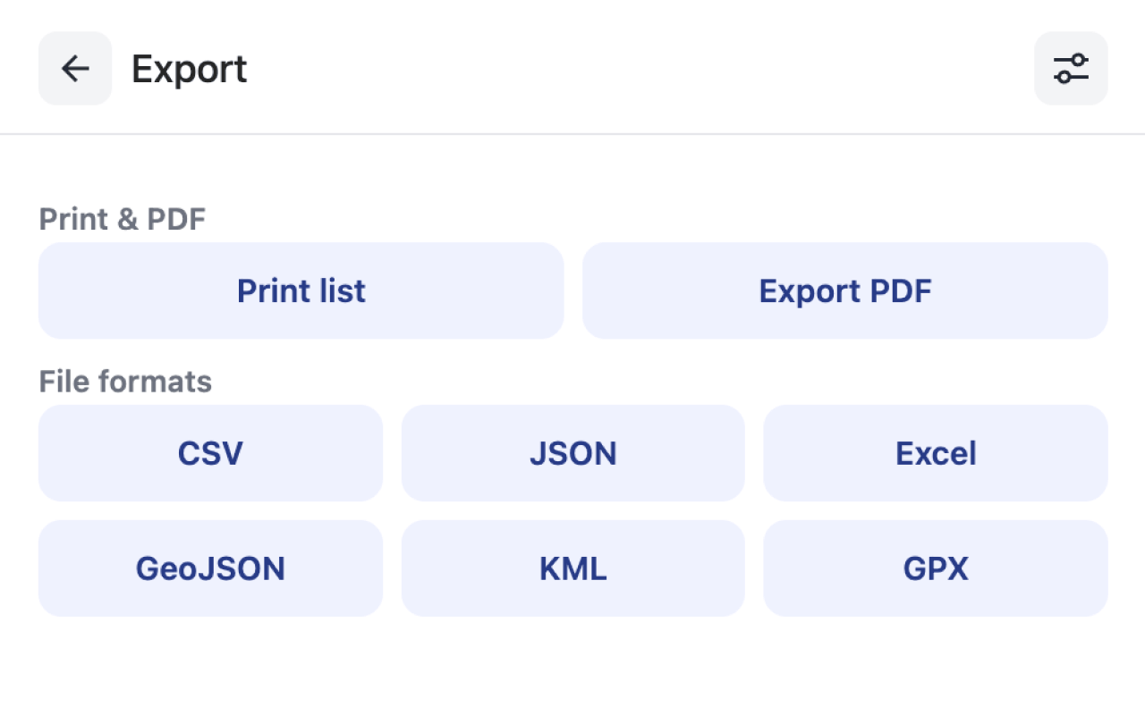 Export screen with Print, PDF, CSV, JSON, Excel, GeoJSON, KML, and GPX options