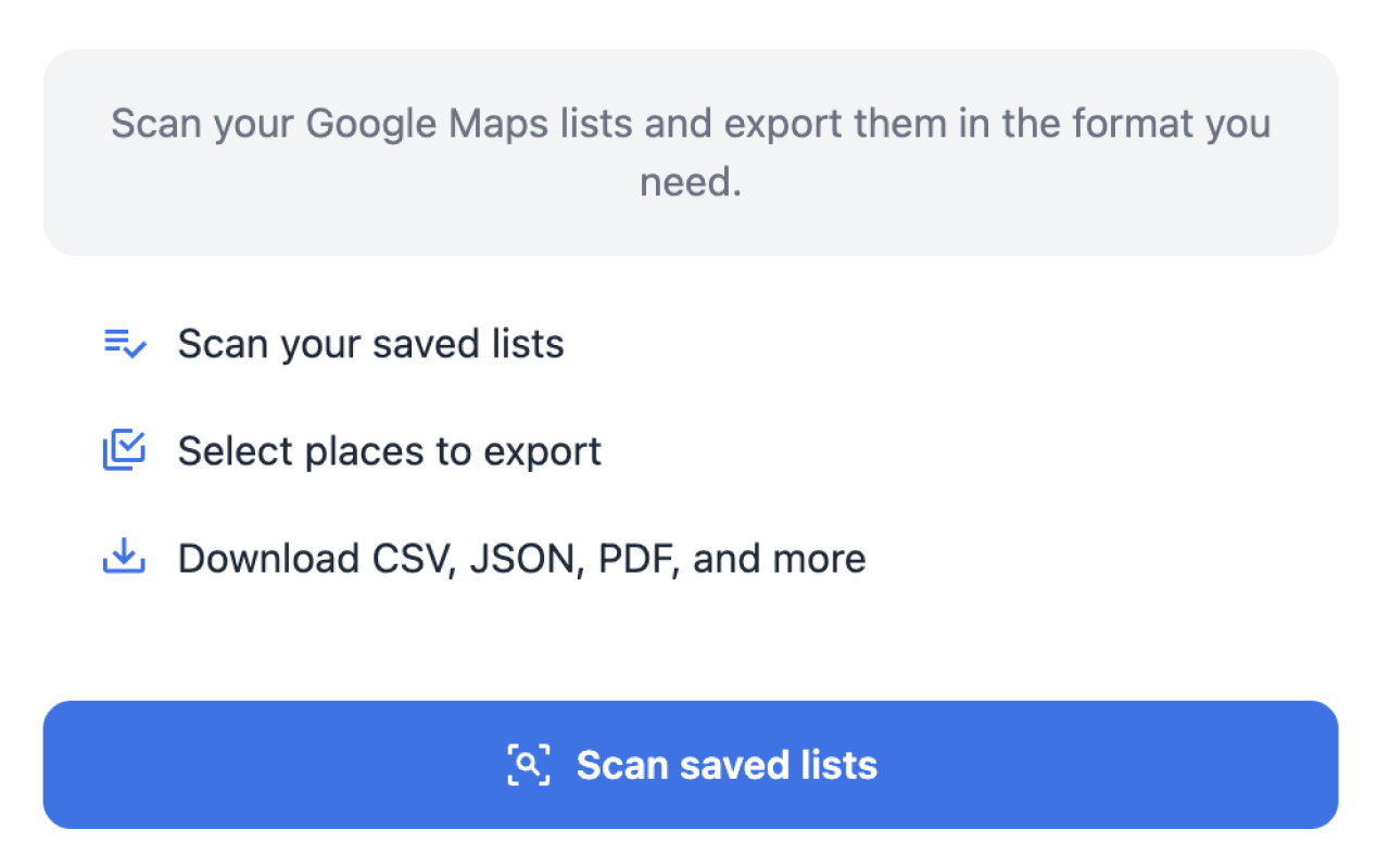 Maps List Export start screen with scan saved lists button