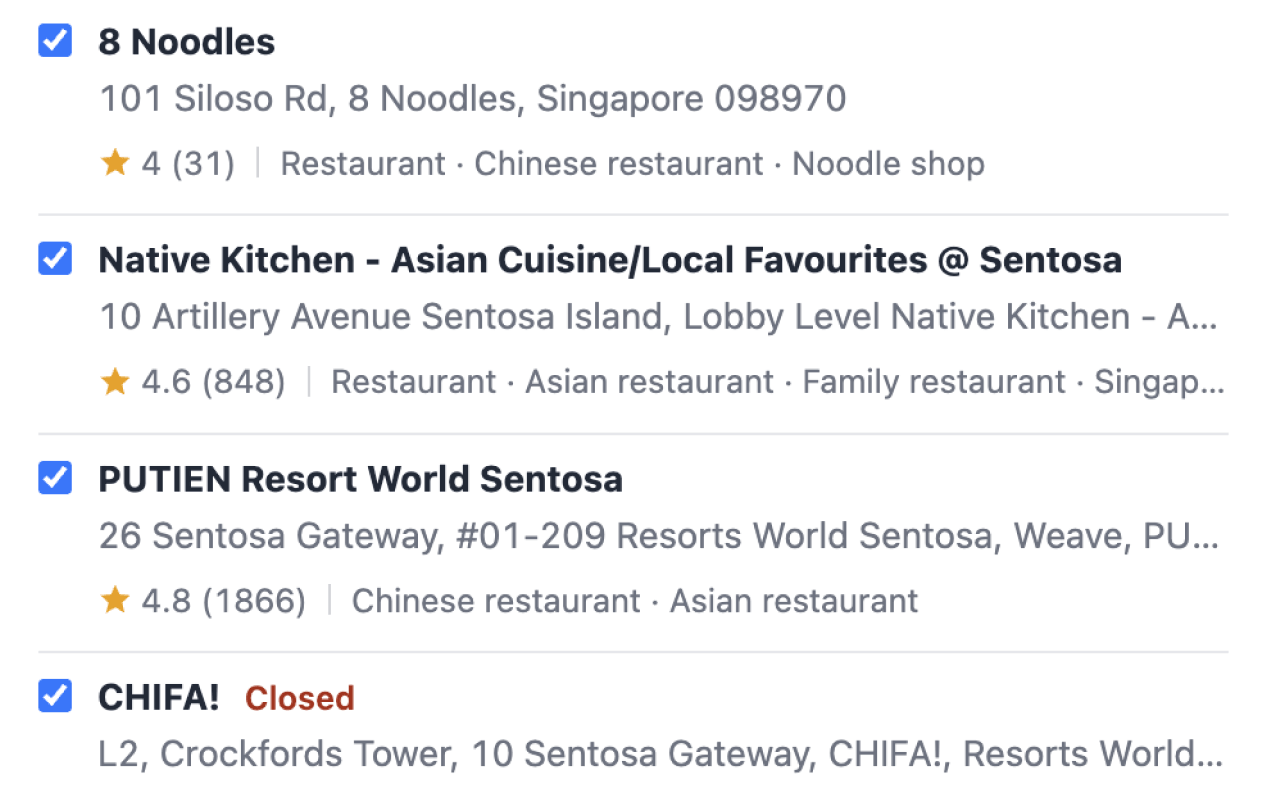 Selecting places from a Google Maps saved list with checkboxes